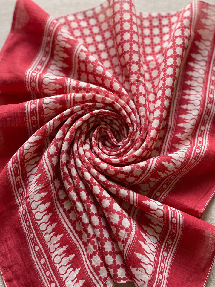 Red Printed Cotton Blend Kurta With Pant &amp; Dupatta