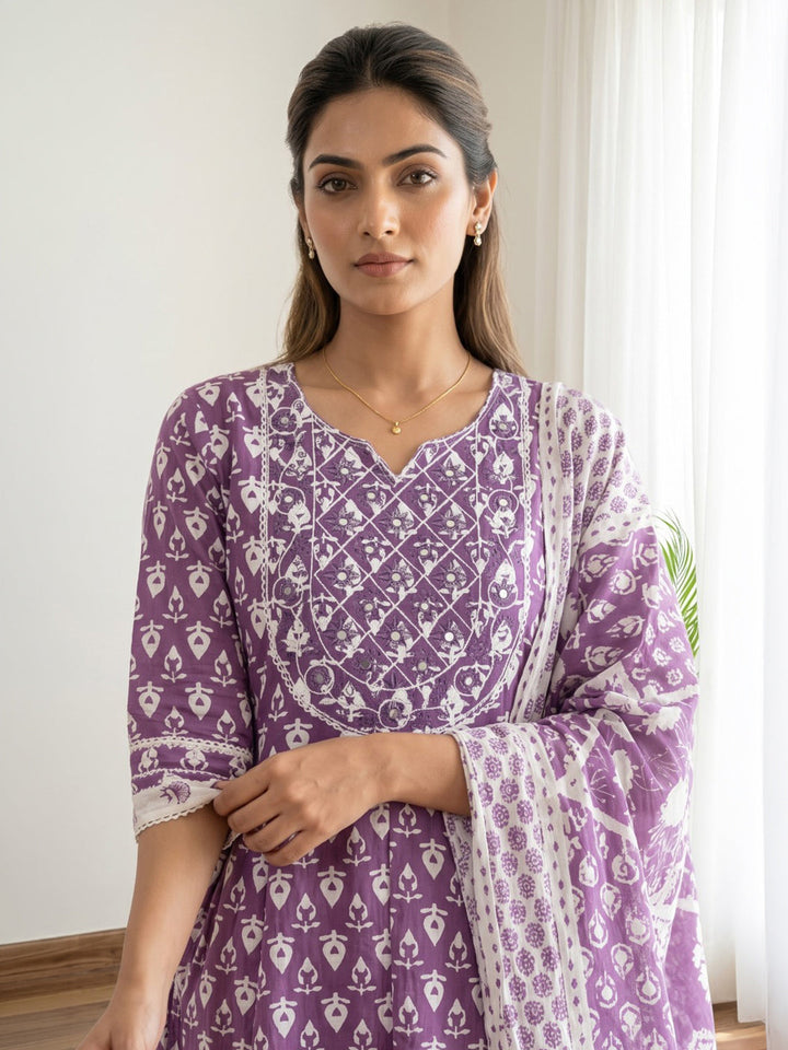 Wine Printed Cotton Blend Kurta With Pant &amp; Dupatta