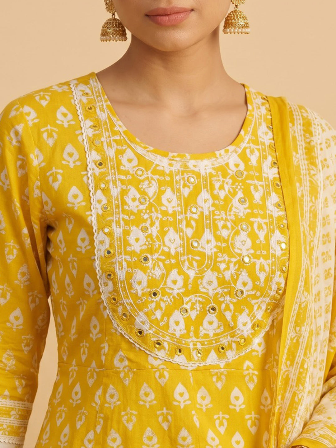 Yellow Printed Cotton Blend Kurta With Pant &amp; Dupatta