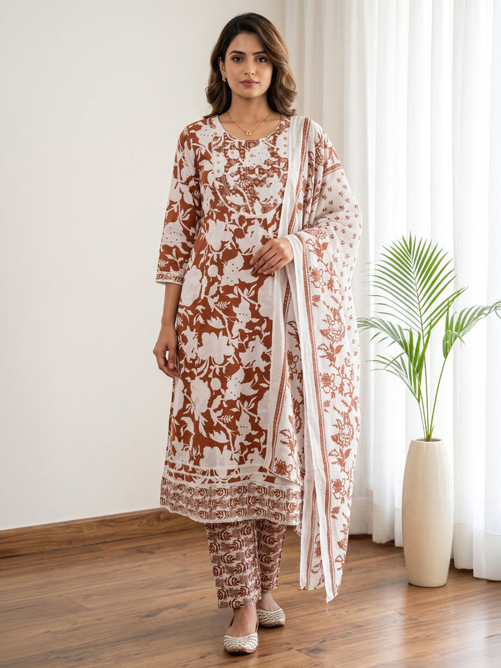 Rust Printed Cotton Blend Kurta With Pant &amp; Dupatta