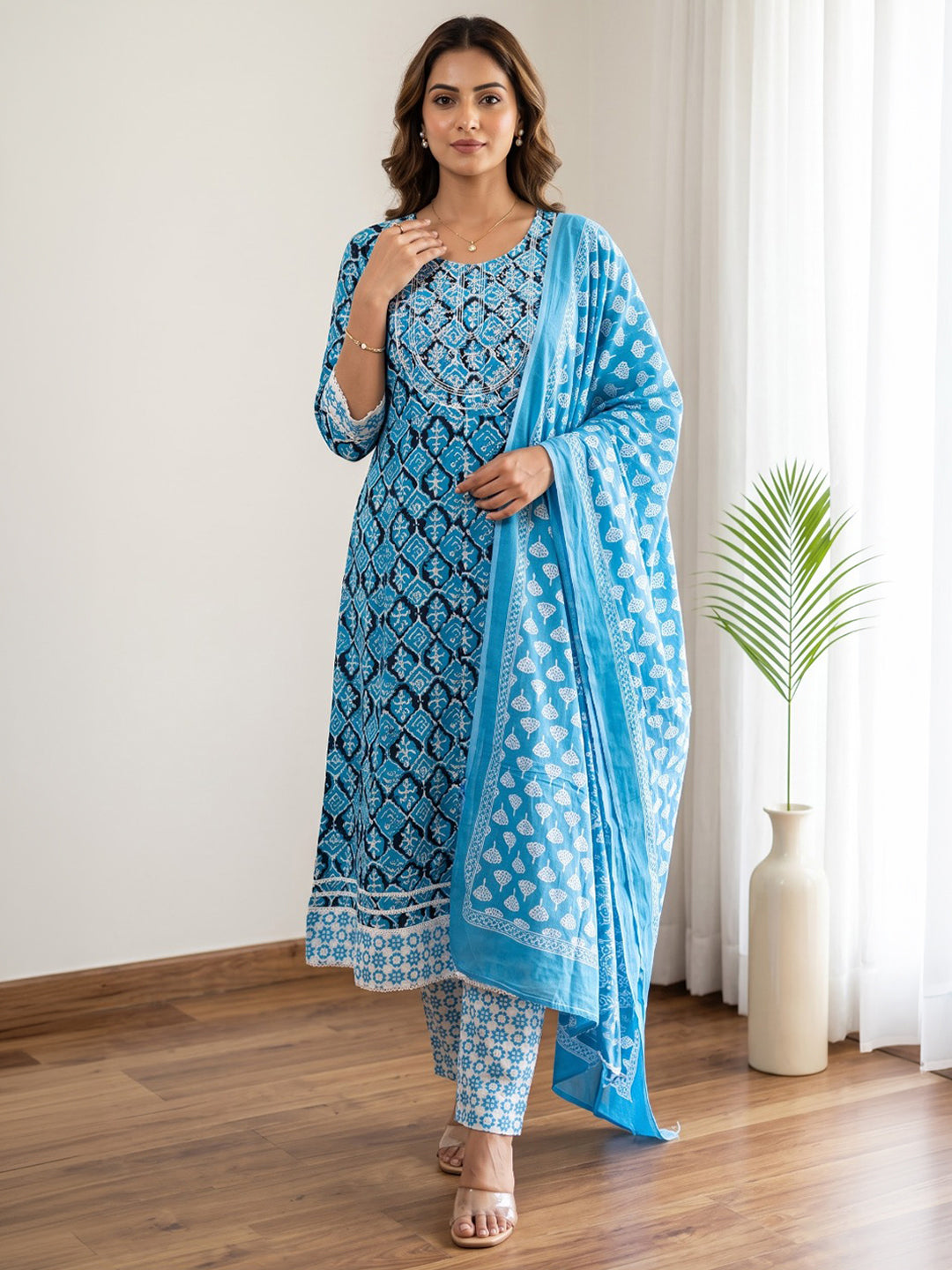Blue Printed Cotton Blend Kurta With Pant &amp; Dupatta
