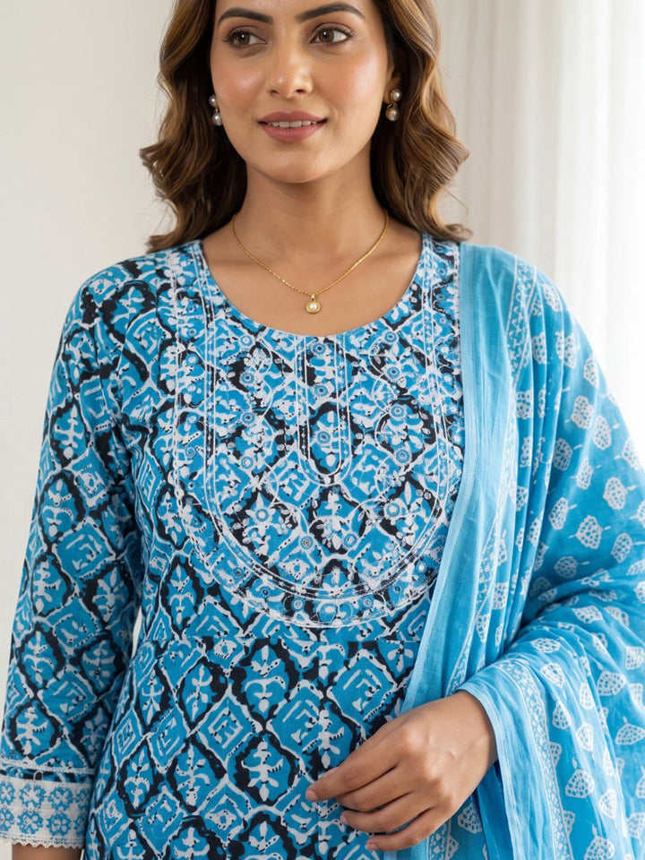 Blue Printed Cotton Blend Kurta With Pant &amp; Dupatta