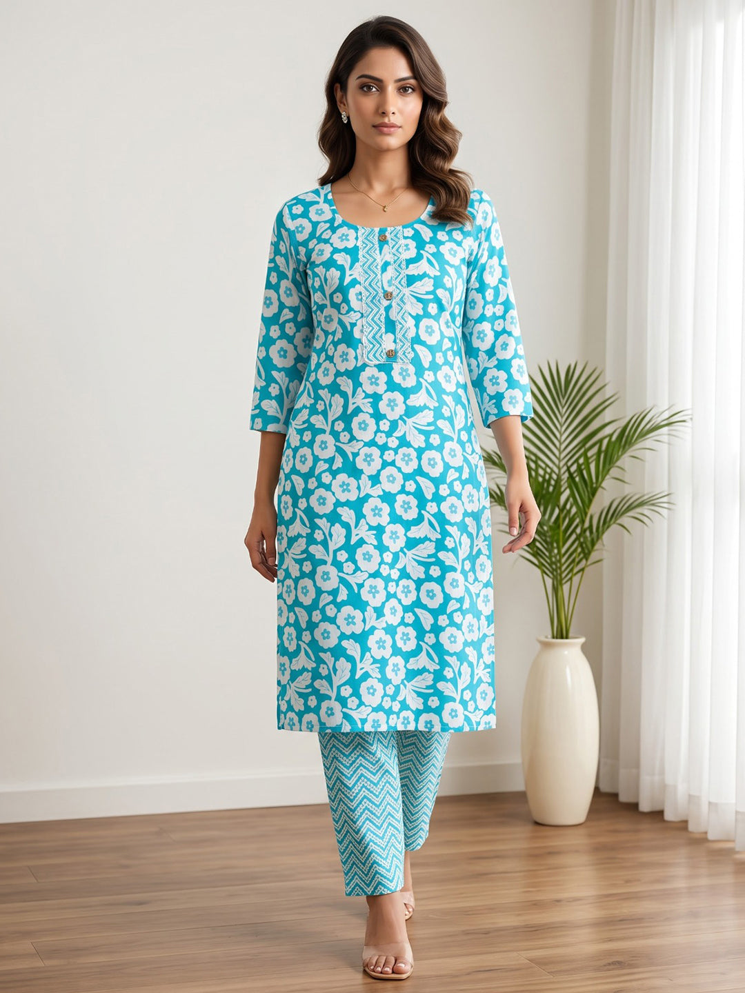 Sky Blue Printed Cotton Blend Kurta Set