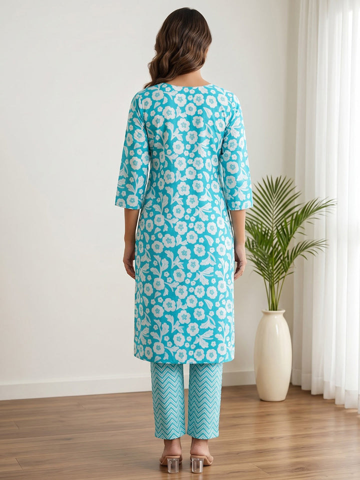 Sky Blue Printed Cotton Blend Kurta Set