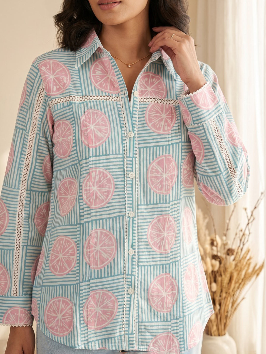 Blue Cotton Blend V Neck Printed Kurta