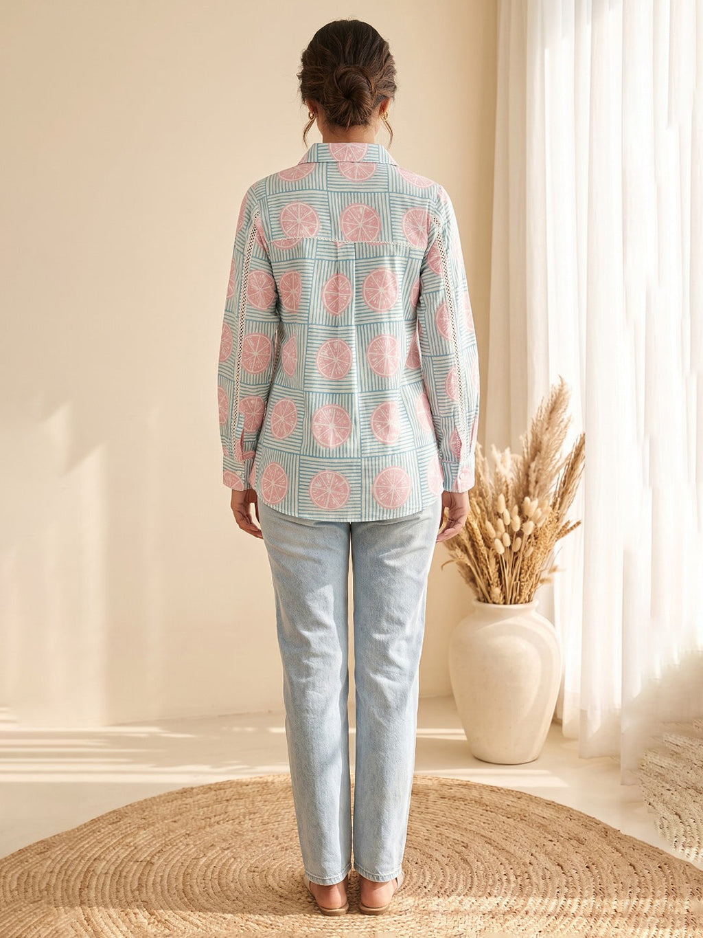 Blue Cotton Blend V Neck Printed Kurta