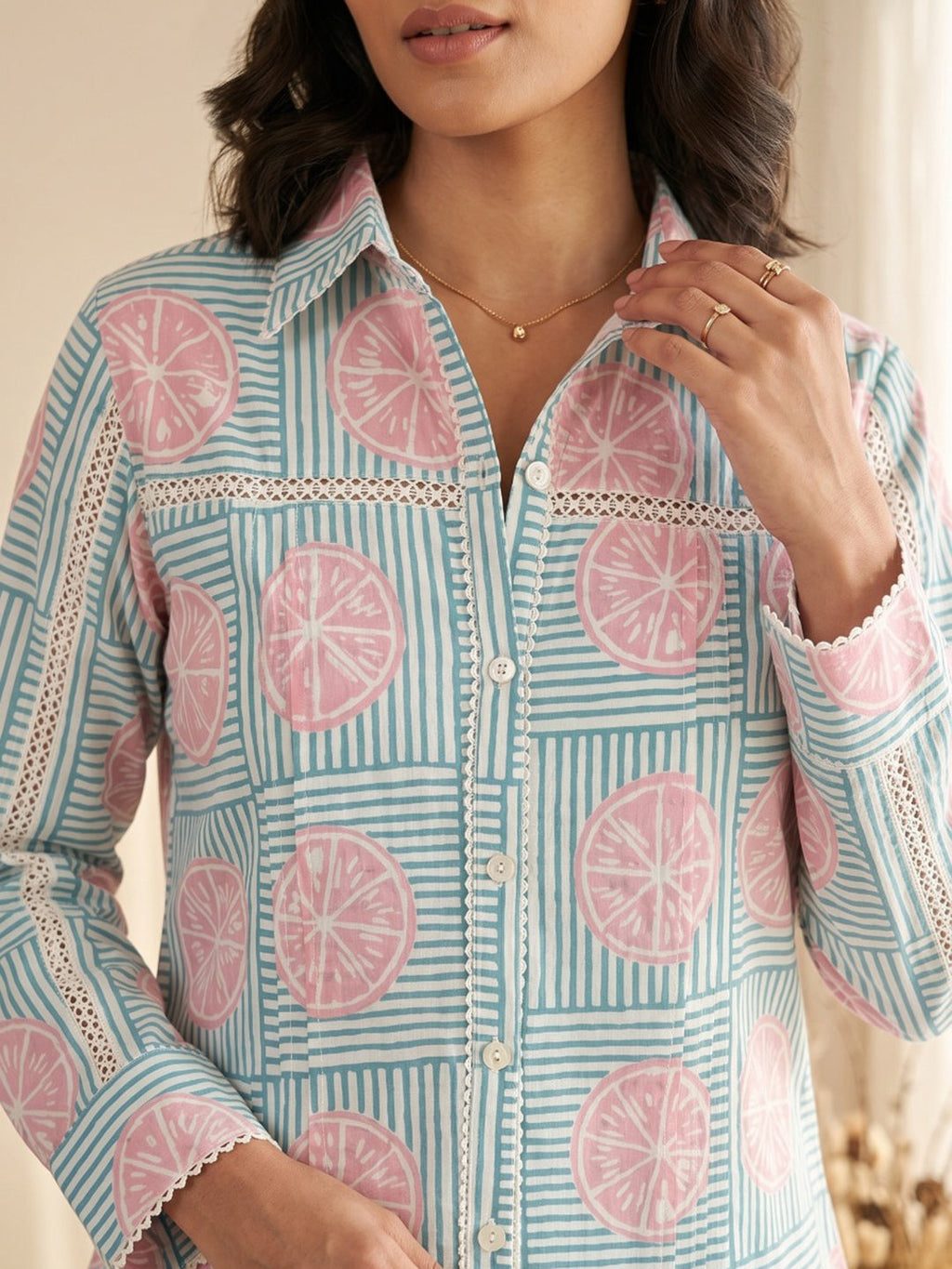 Blue Cotton Blend V Neck Printed Kurta