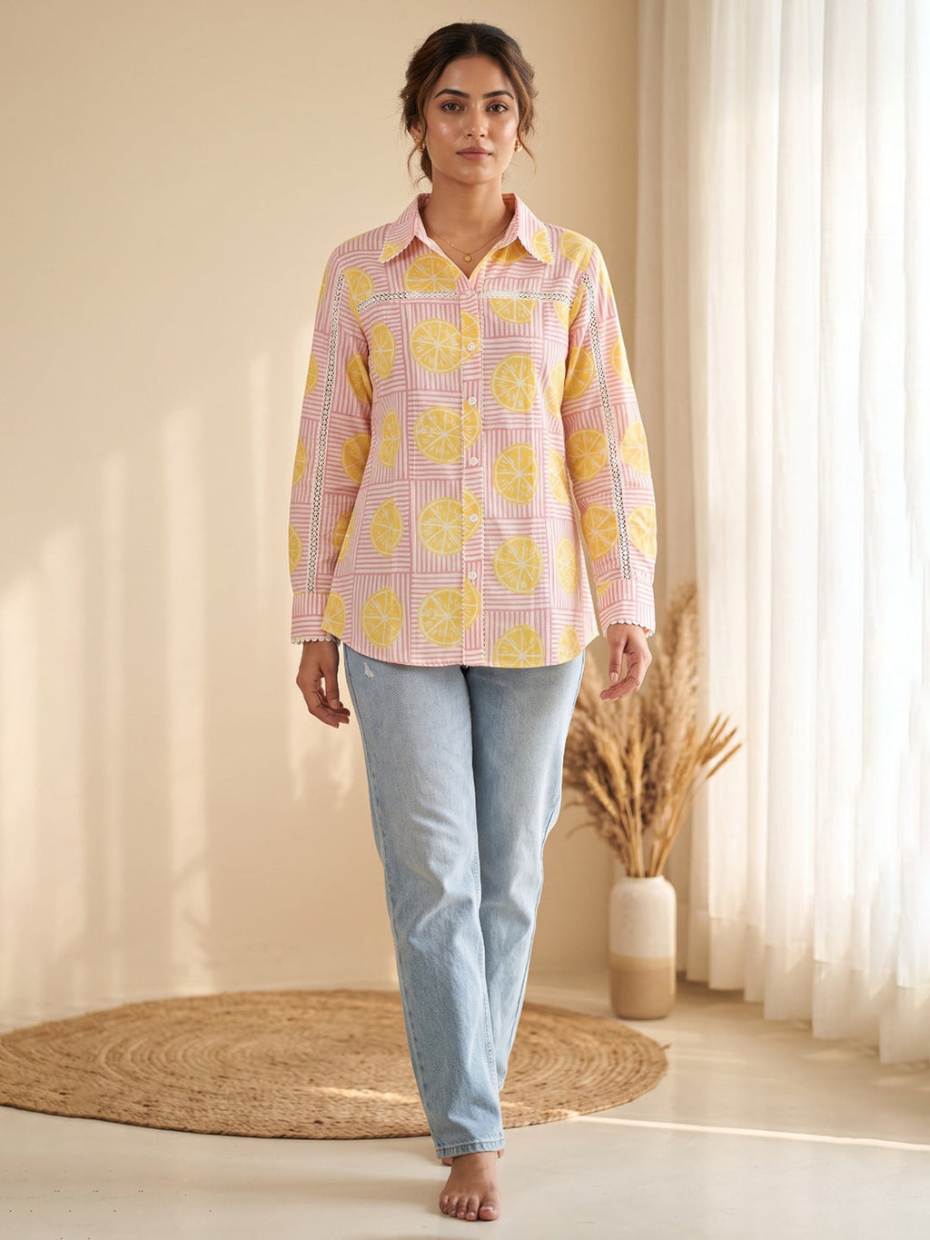 Pink Cotton Blend V Neck Printed Kurta