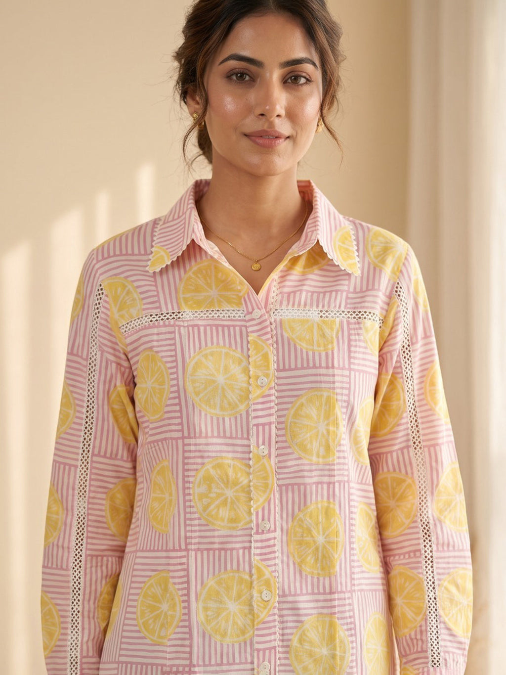 Pink Cotton Blend V Neck Printed Kurta
