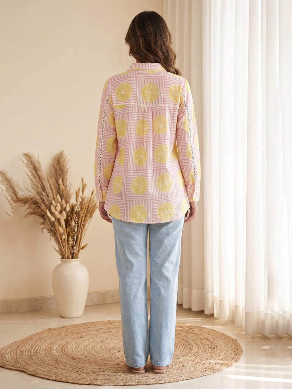 Pink Cotton Blend V Neck Printed Kurta