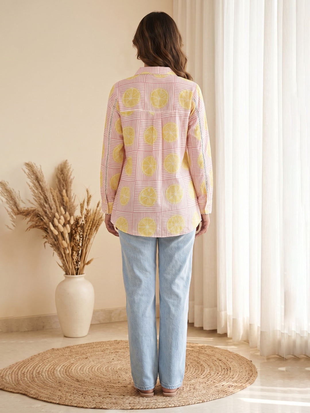 Pink Cotton Blend V Neck Printed Kurta