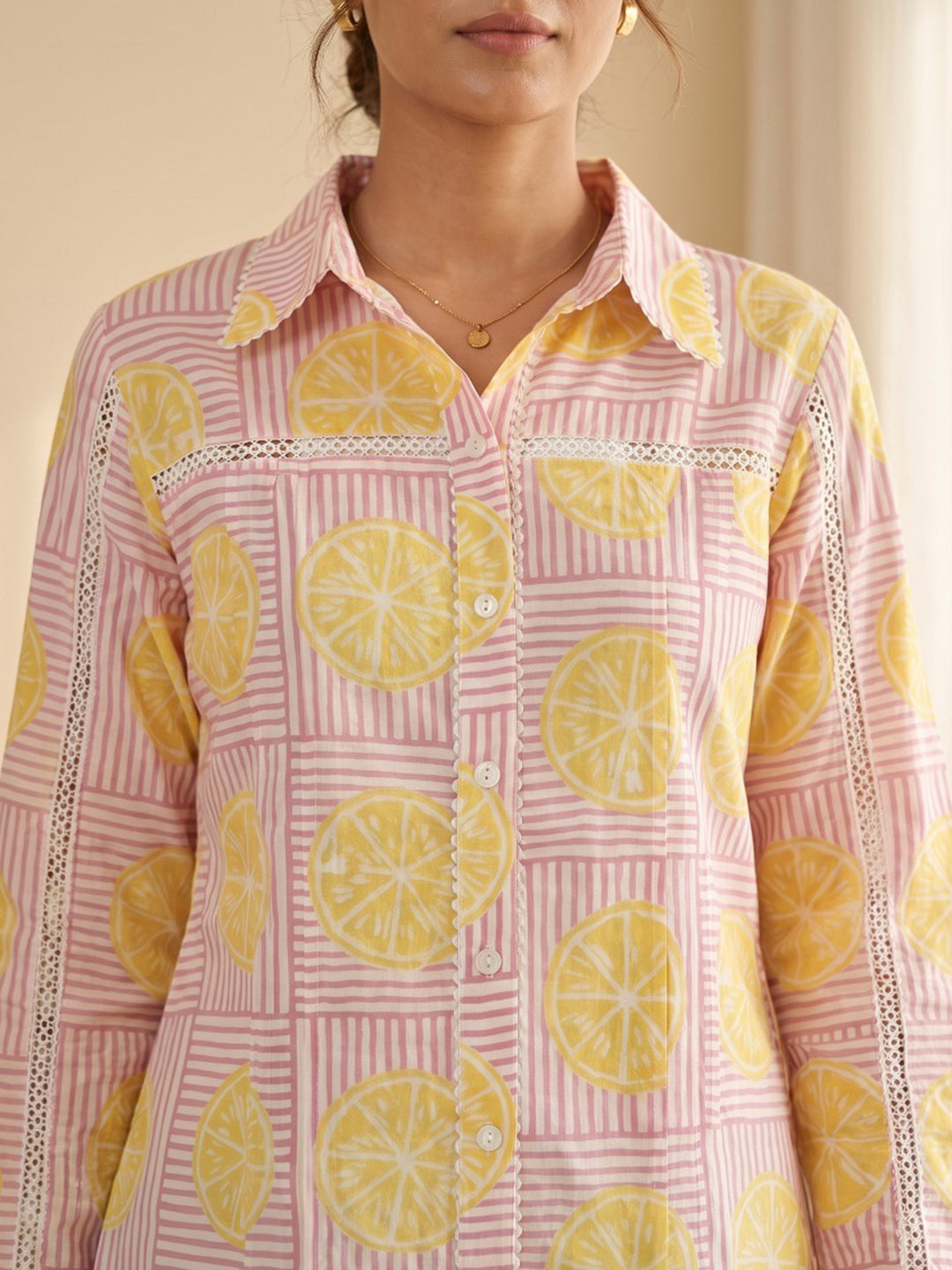 Pink Cotton Blend V Neck Printed Kurta