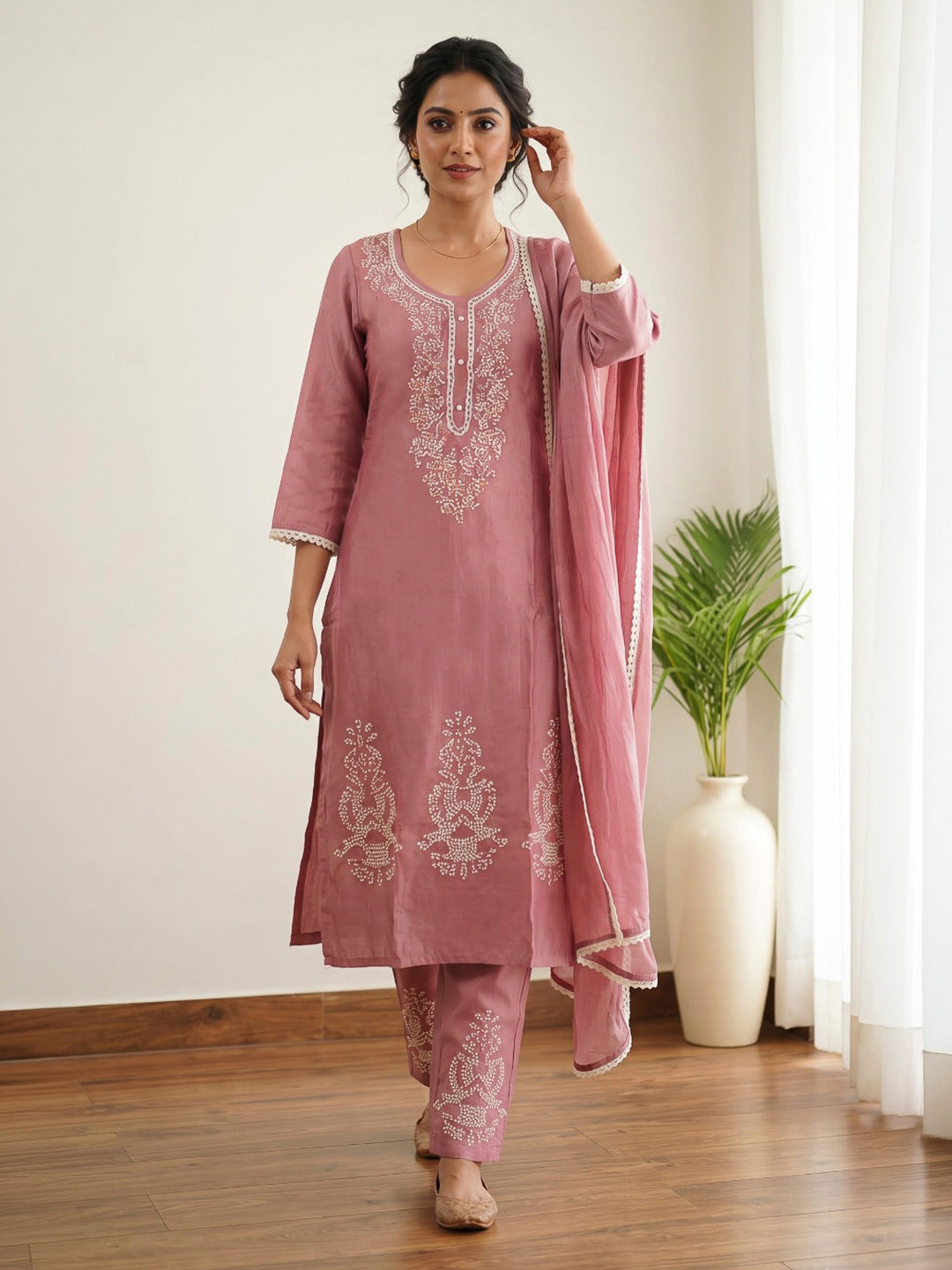 Pink Embroidered Dola Silk Kurta With Pant &amp; Dupatta