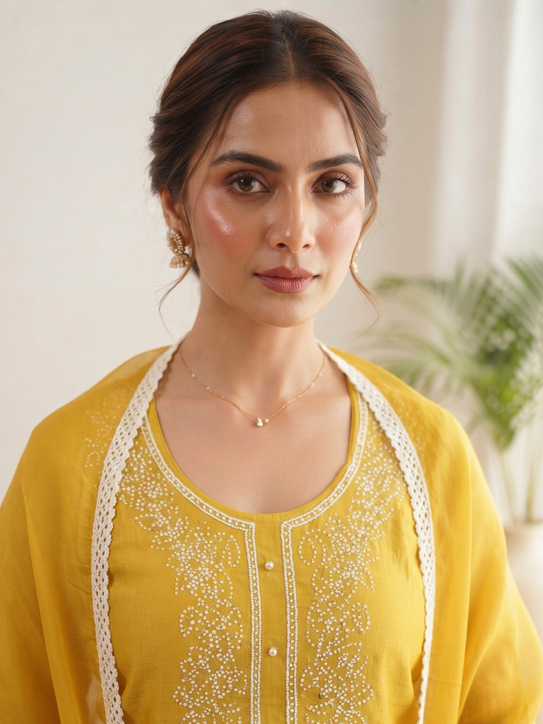 Yellow Embroidered Dola Silk Kurta With Pant &amp; Dupatta