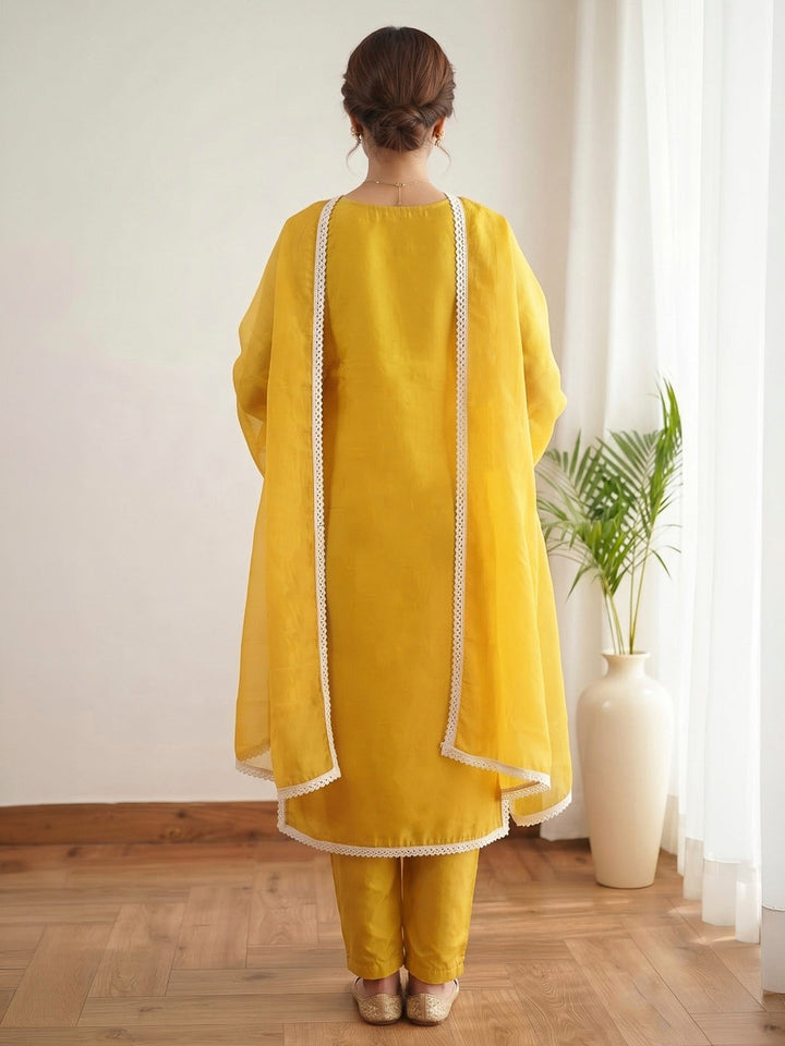 Yellow Embroidered Dola Silk Kurta With Pant &amp; Dupatta