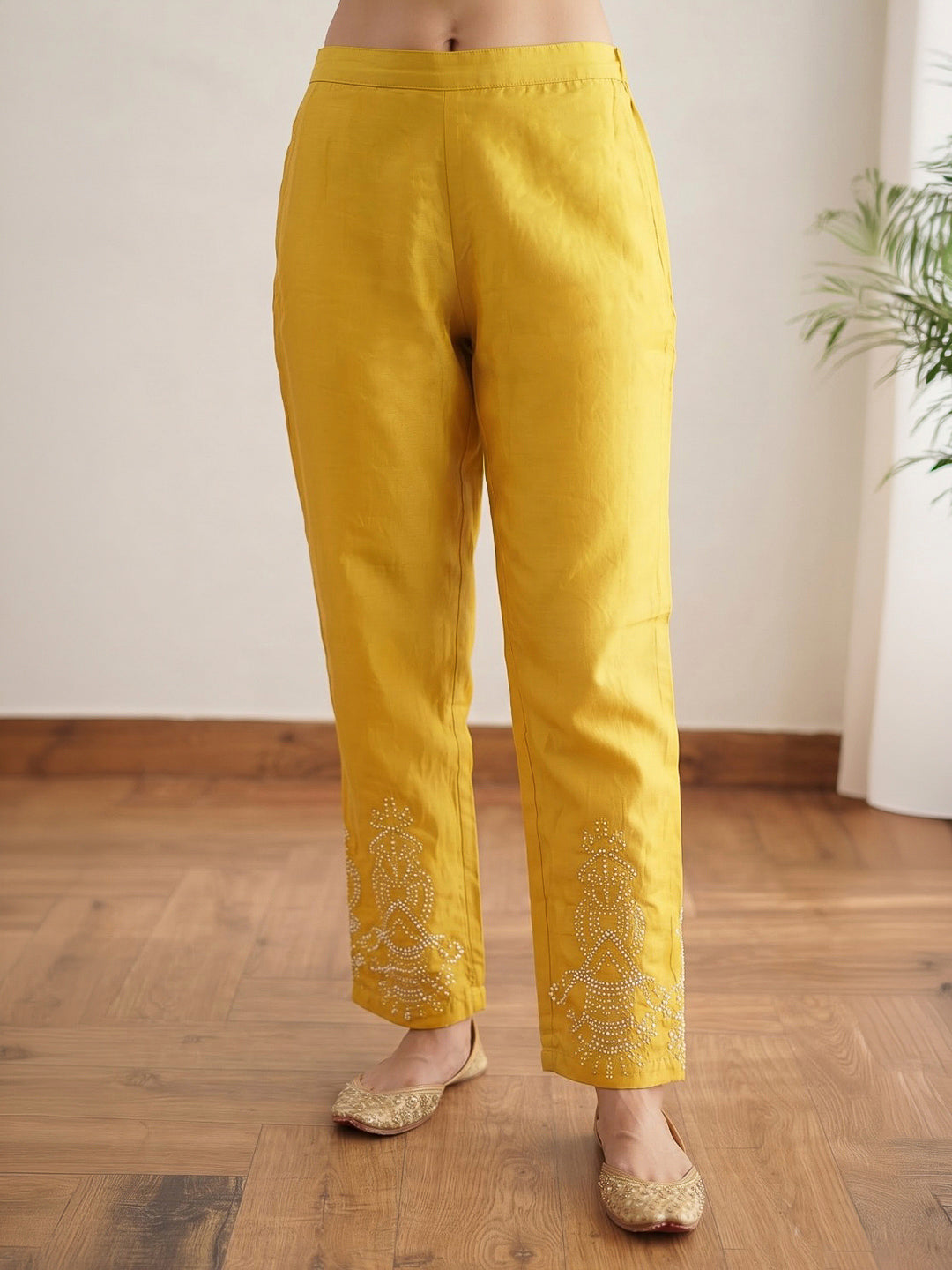 Yellow Embroidered Dola Silk Kurta With Pant &amp; Dupatta