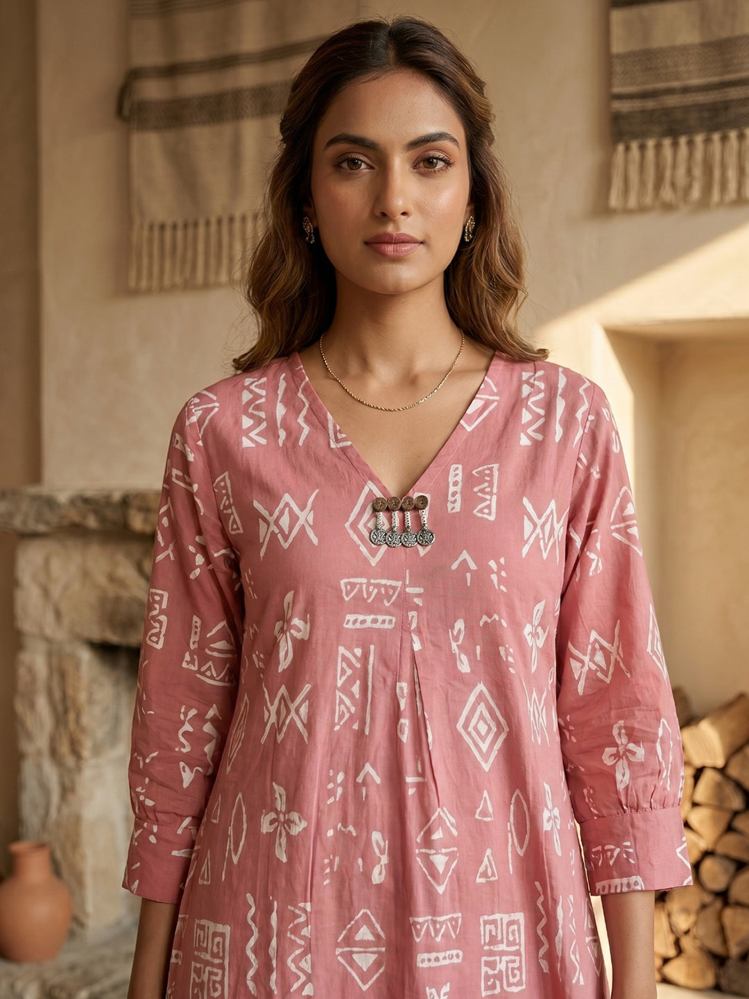 Pink Embroidered Cotton Blend Straight Fit Round Neck Kurta With Pant