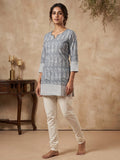 Grey Cotton Blend Round Neck Embroidered Kurta