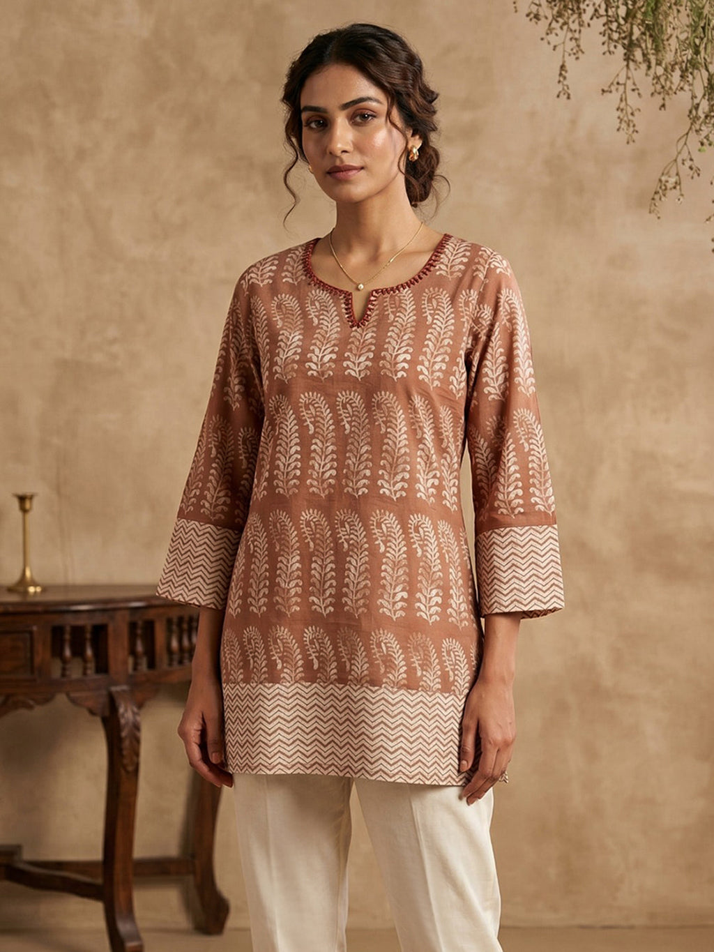 Orange Cotton Blend Round Neck Embroidered Kurta