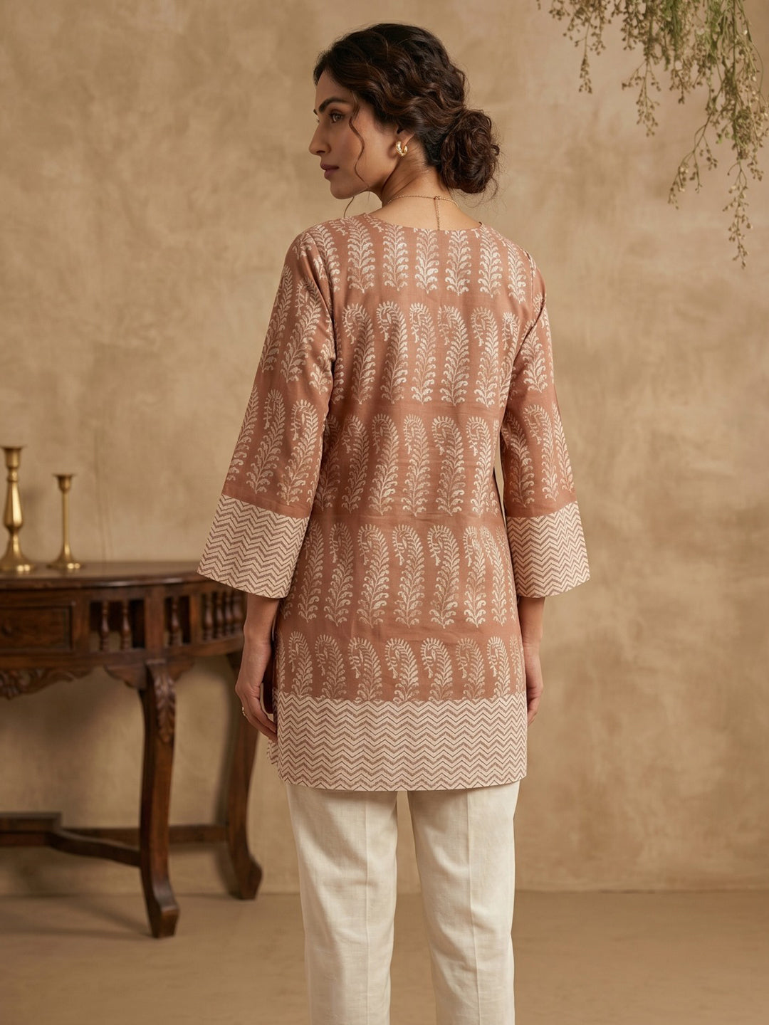 Orange Cotton Blend Round Neck Embroidered Kurta