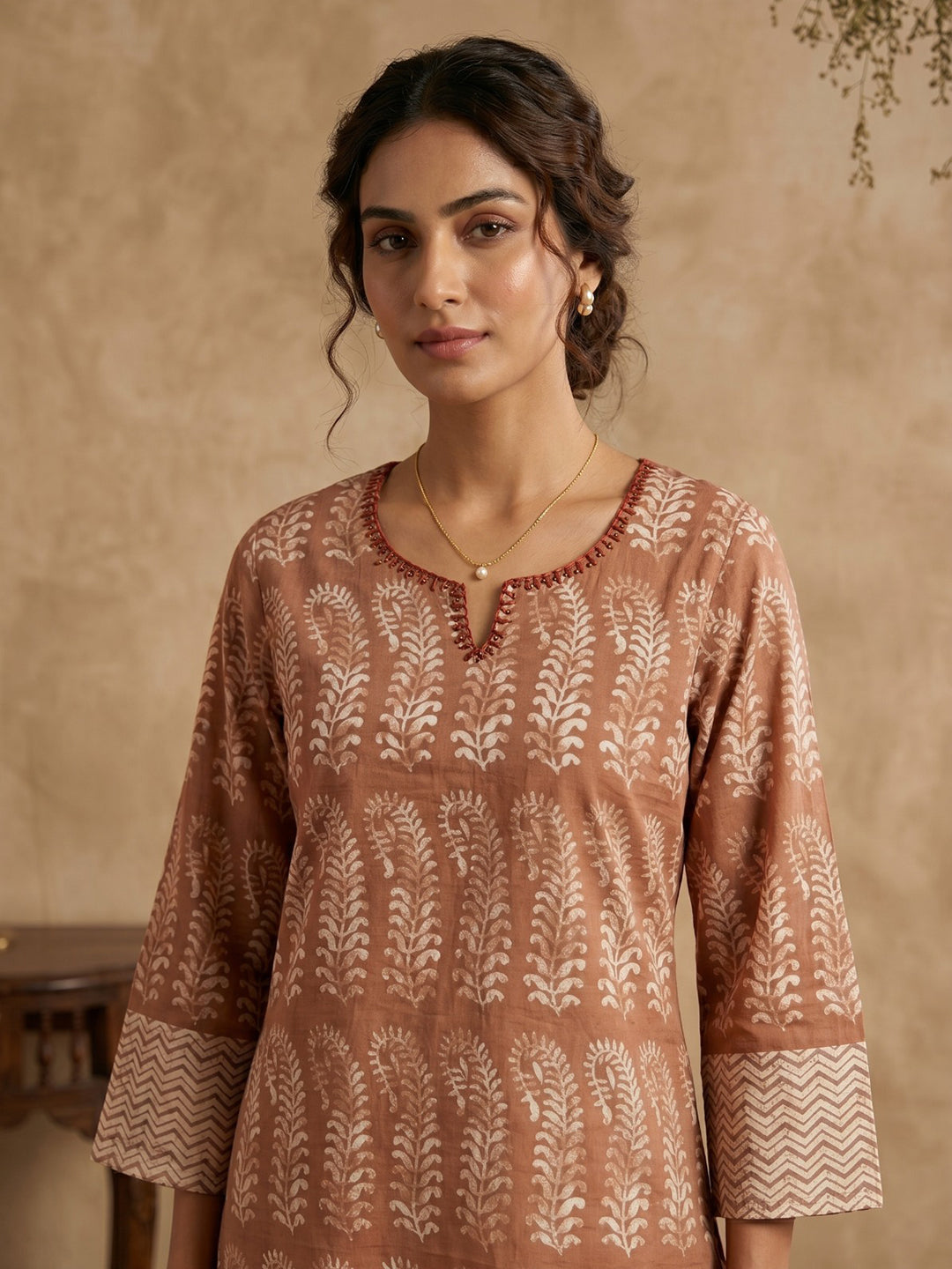 Orange Cotton Blend Round Neck Embroidered Kurta