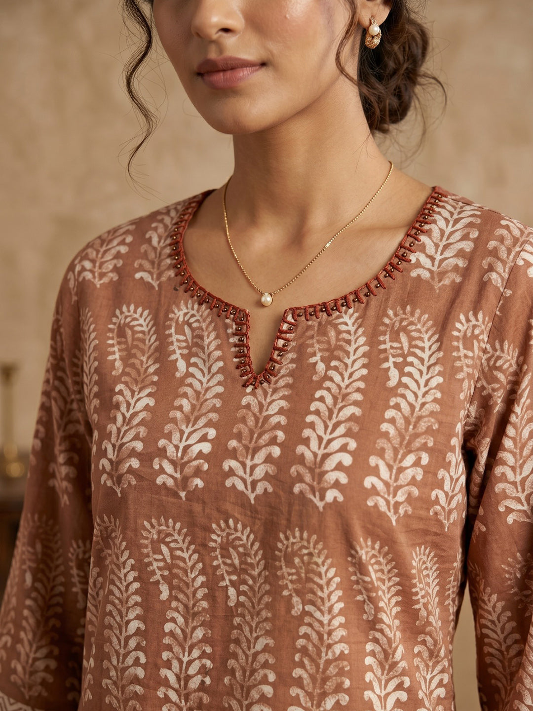 Orange Cotton Blend Round Neck Embroidered Kurta