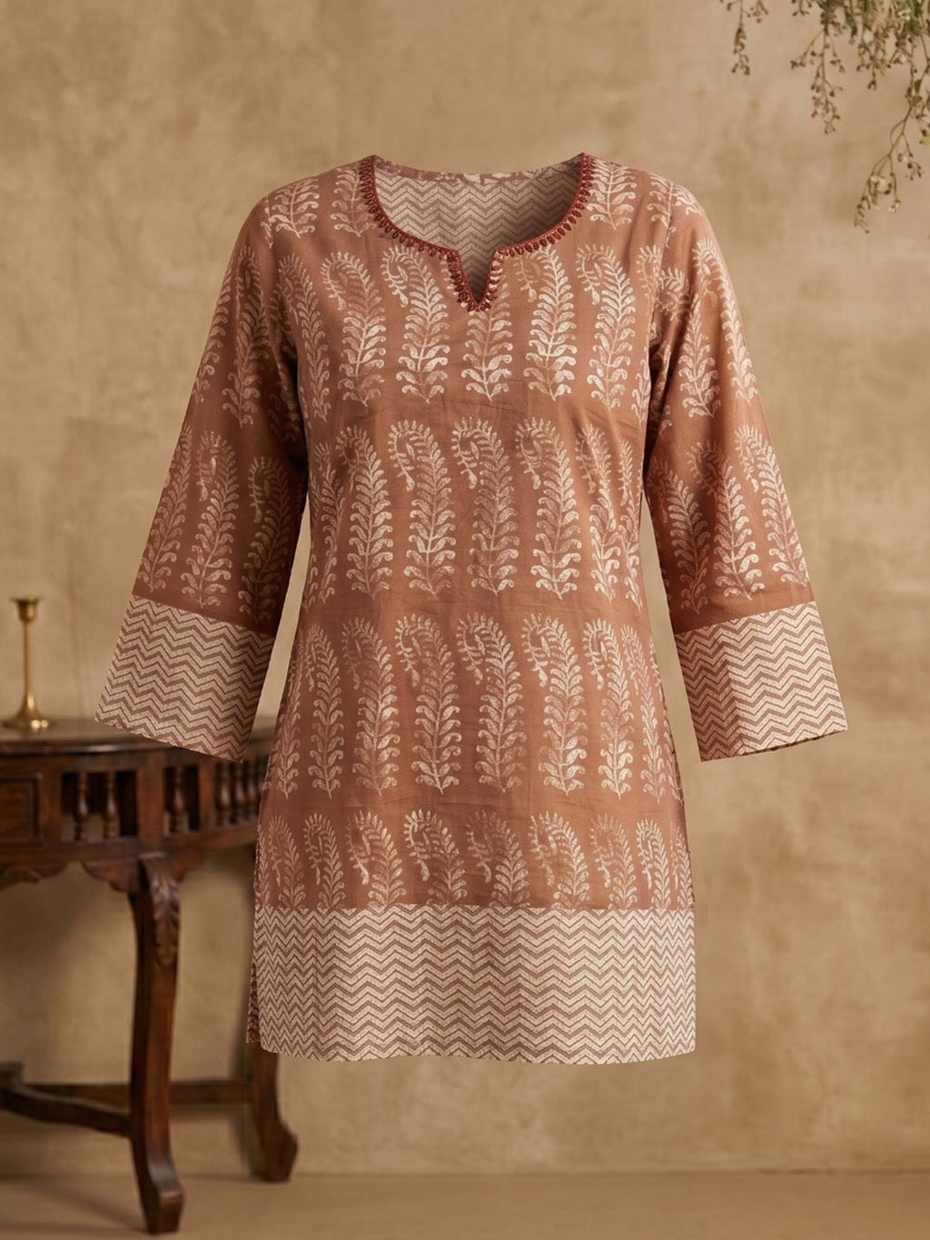 Orange Cotton Blend Round Neck Embroidered Kurta