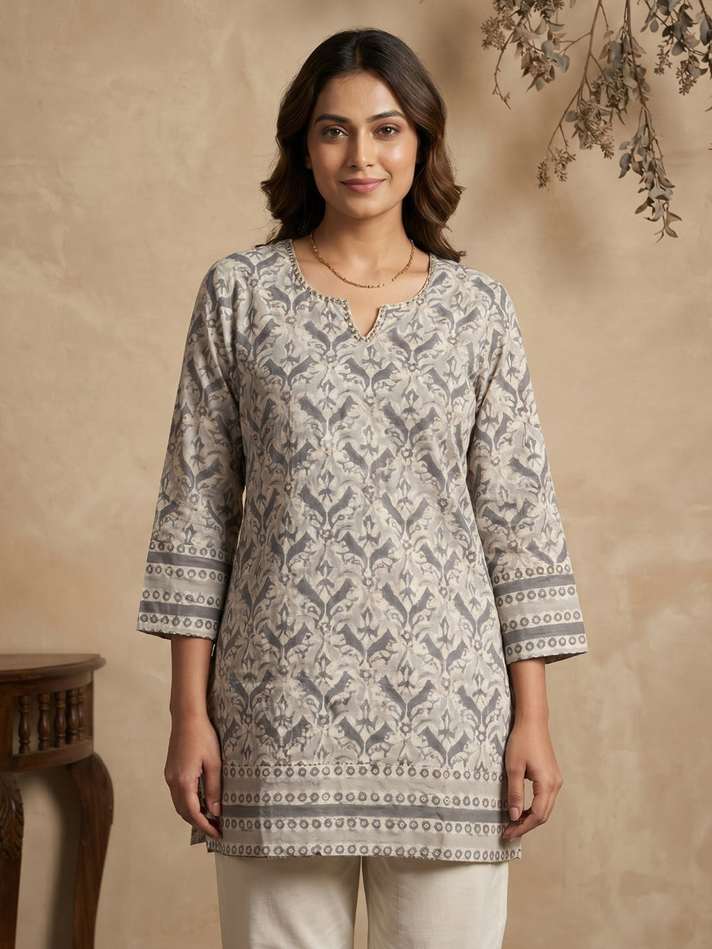 Beige Cotton Blend Round Neck Embroidered Kurta