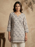 Beige Cotton Blend Round Neck Embroidered Kurta