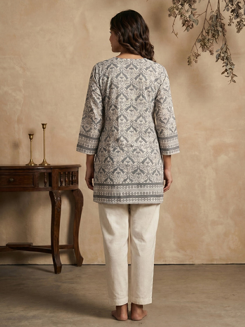 Beige Cotton Blend Round Neck Embroidered Kurta