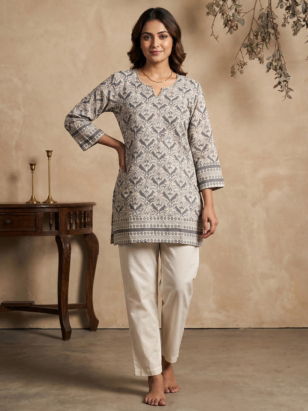 Beige Cotton Blend Round Neck Embroidered Kurta