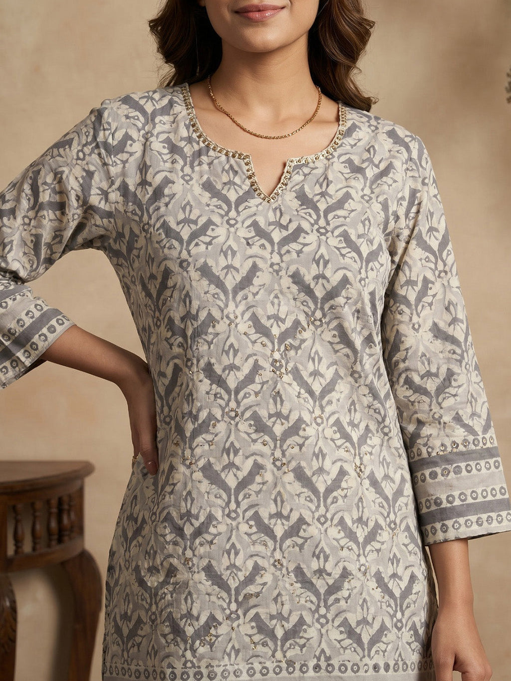 Beige Cotton Blend Round Neck Embroidered Kurta
