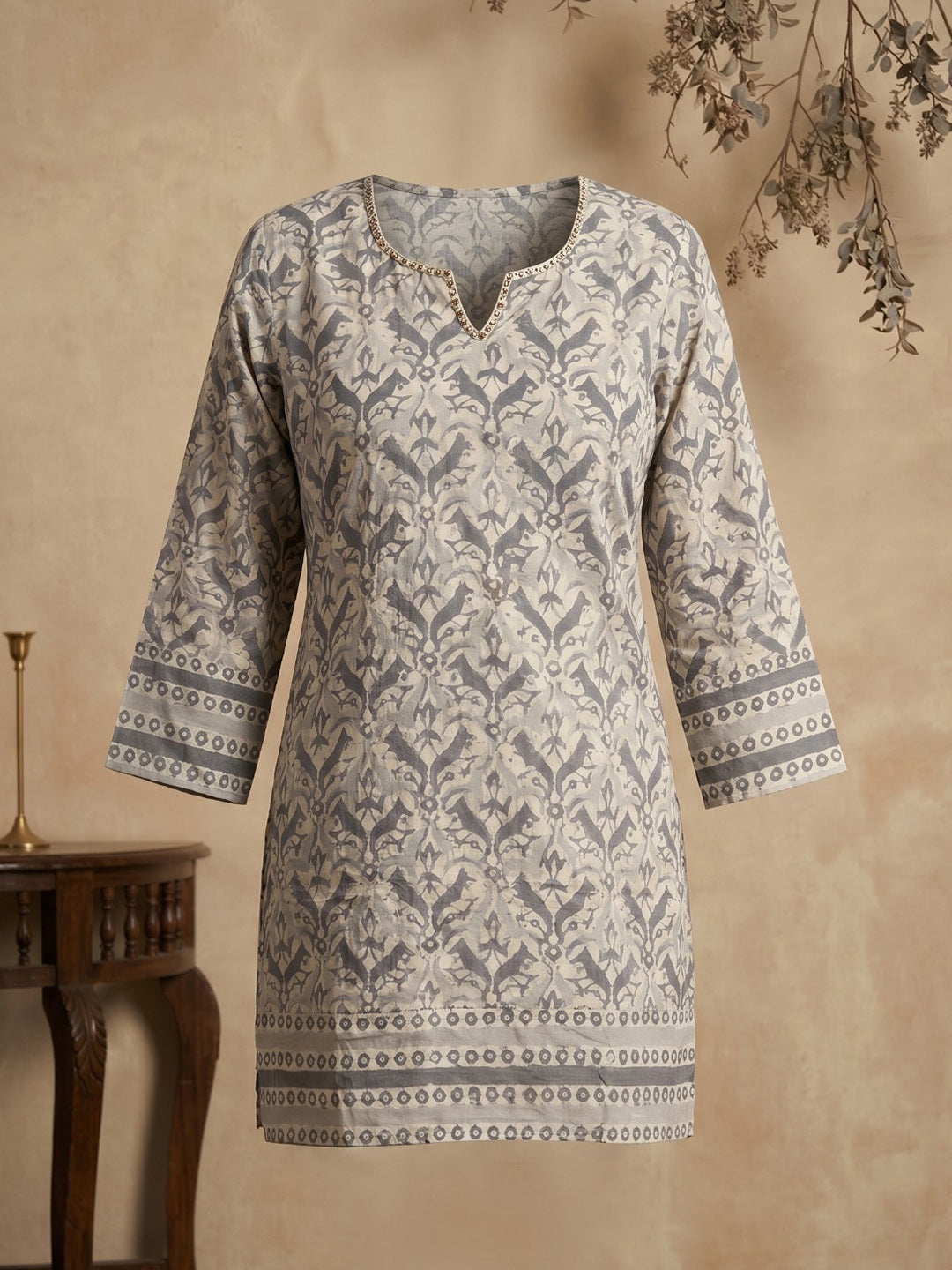 Beige Cotton Blend Round Neck Embroidered Kurta