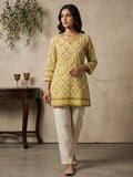 Yellow Cotton Blend Round Neck Embroidered Kurta