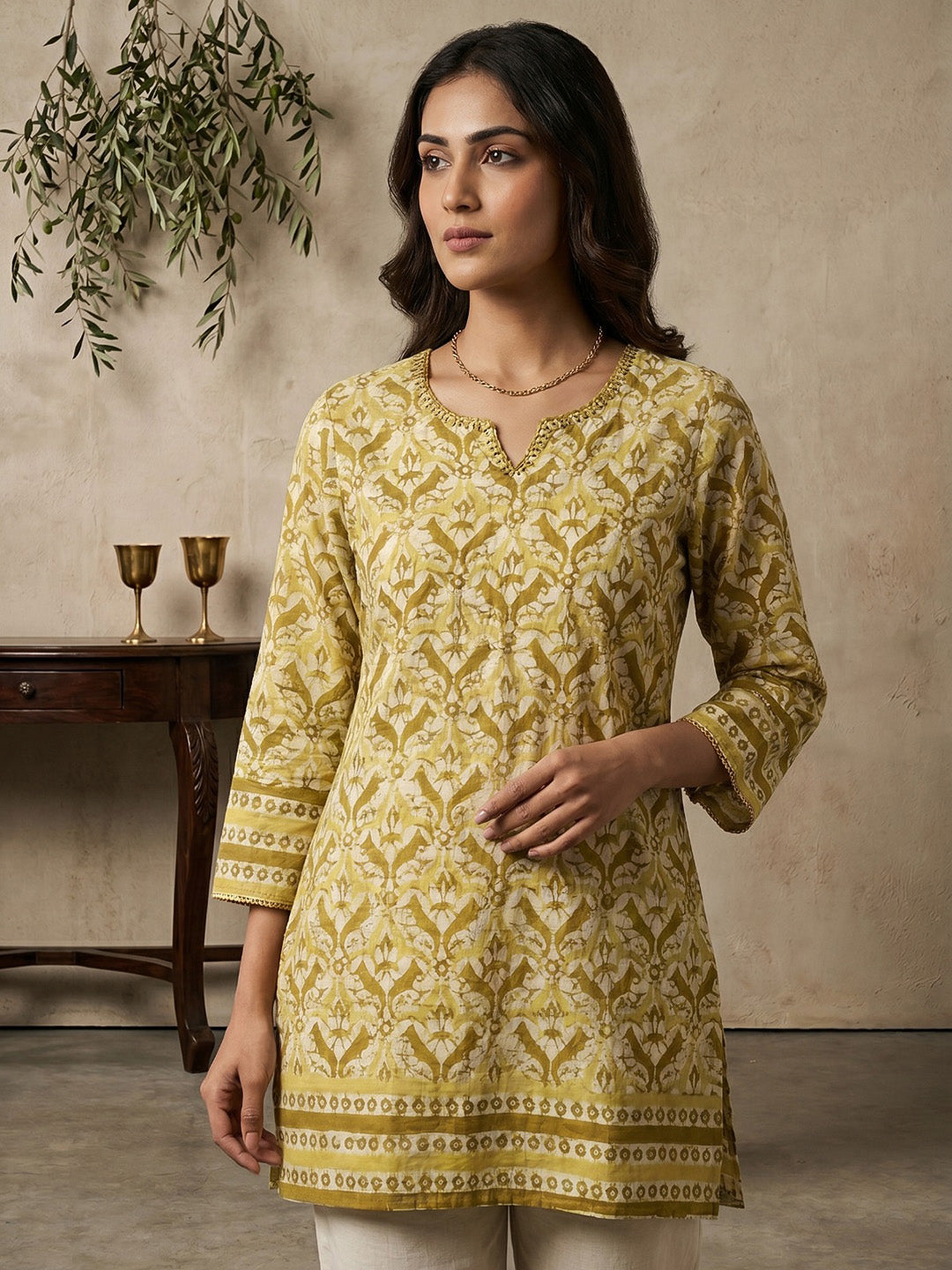 Yellow Cotton Blend Round Neck Embroidered Kurta