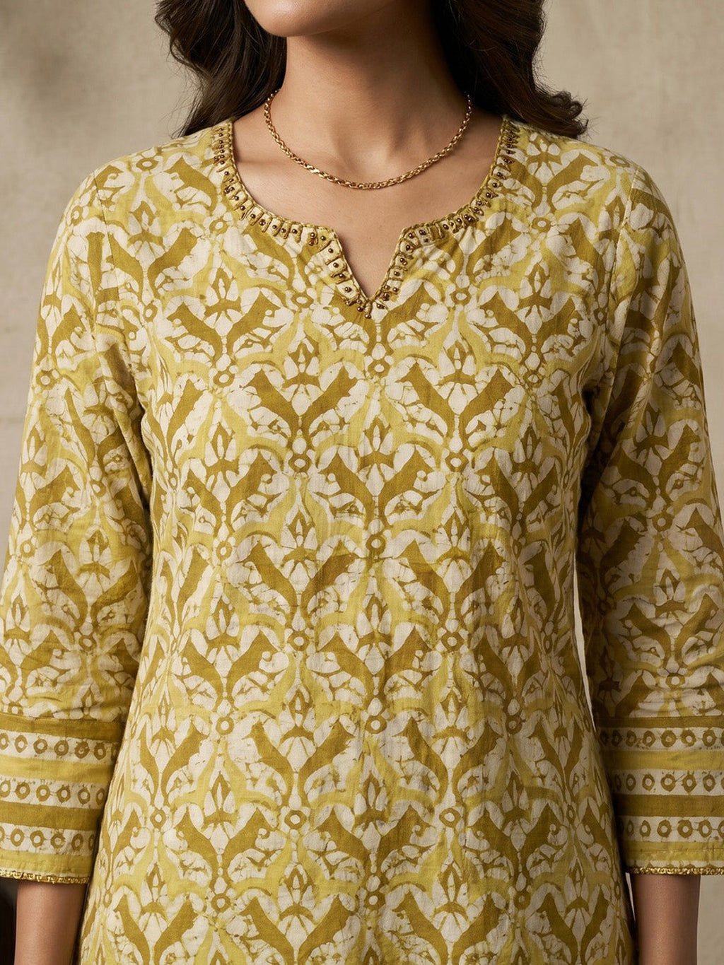 Yellow Cotton Blend Round Neck Embroidered Kurta