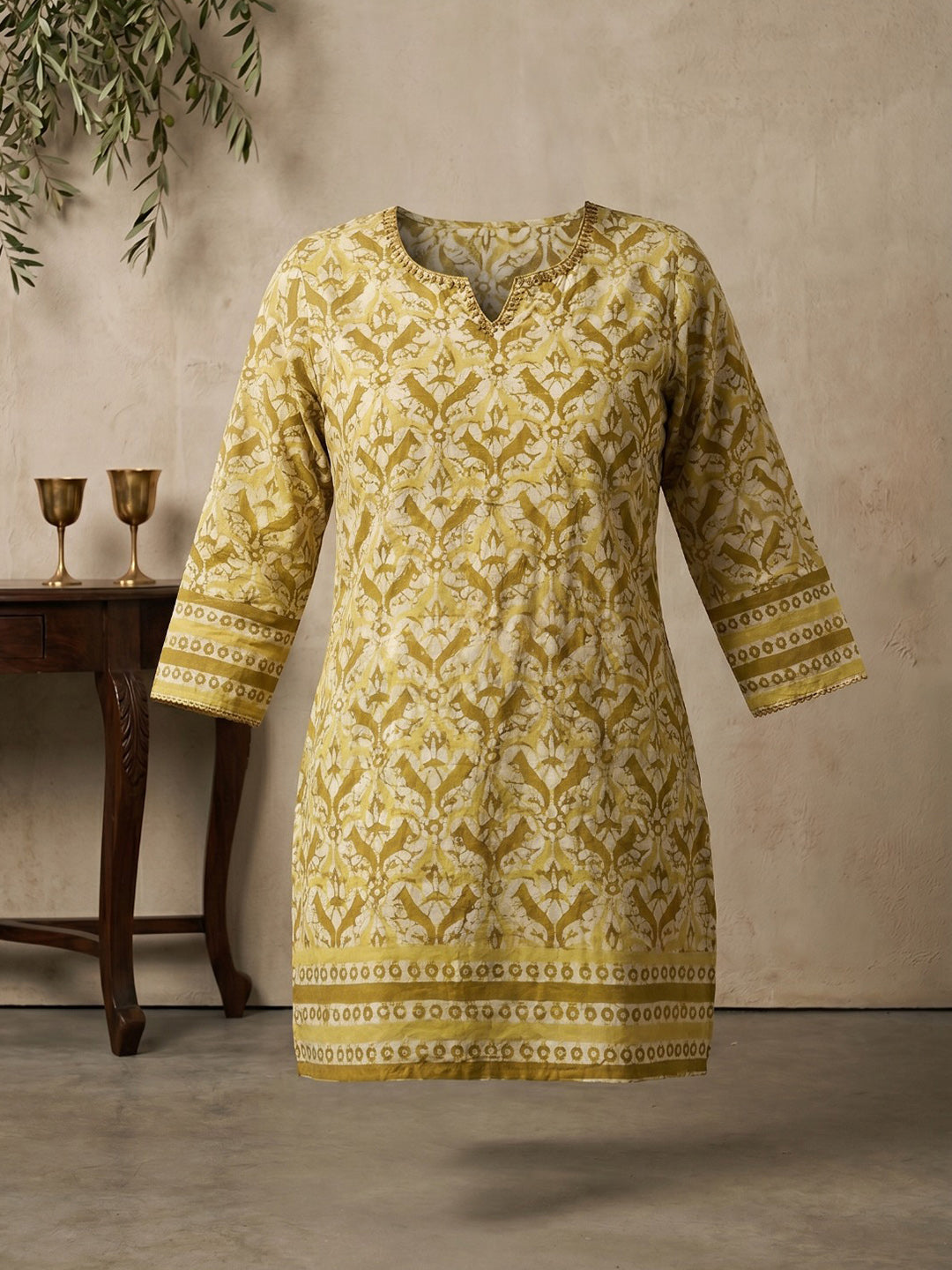 Yellow Cotton Blend Round Neck Embroidered Kurta