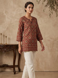 Red Cotton Blend Round Neck Embroidered Kurta