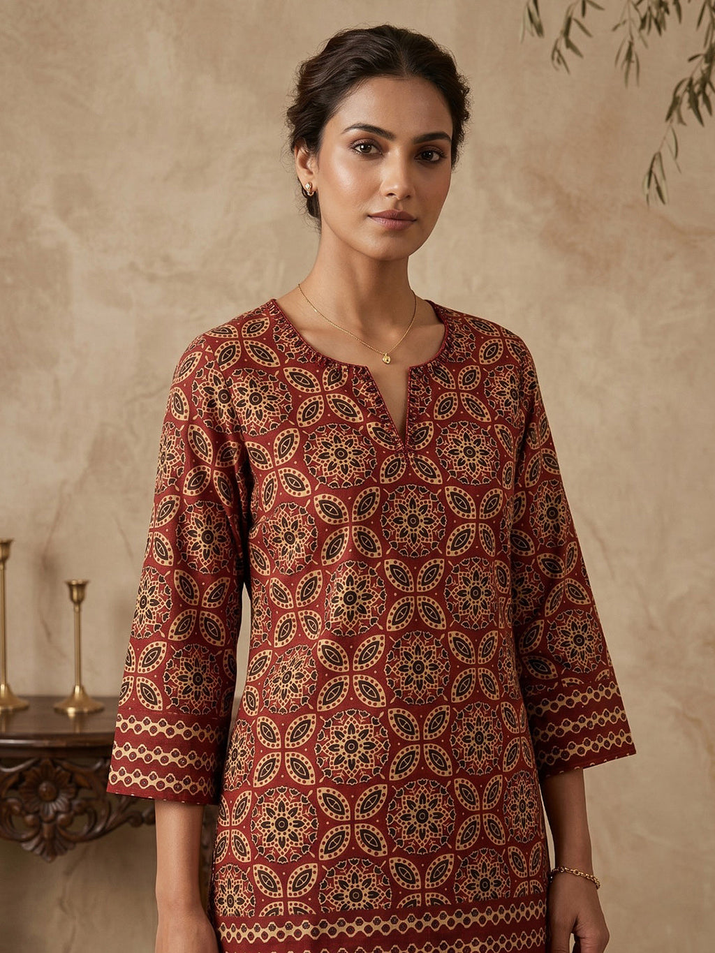 Red Cotton Blend Round Neck Embroidered Kurta