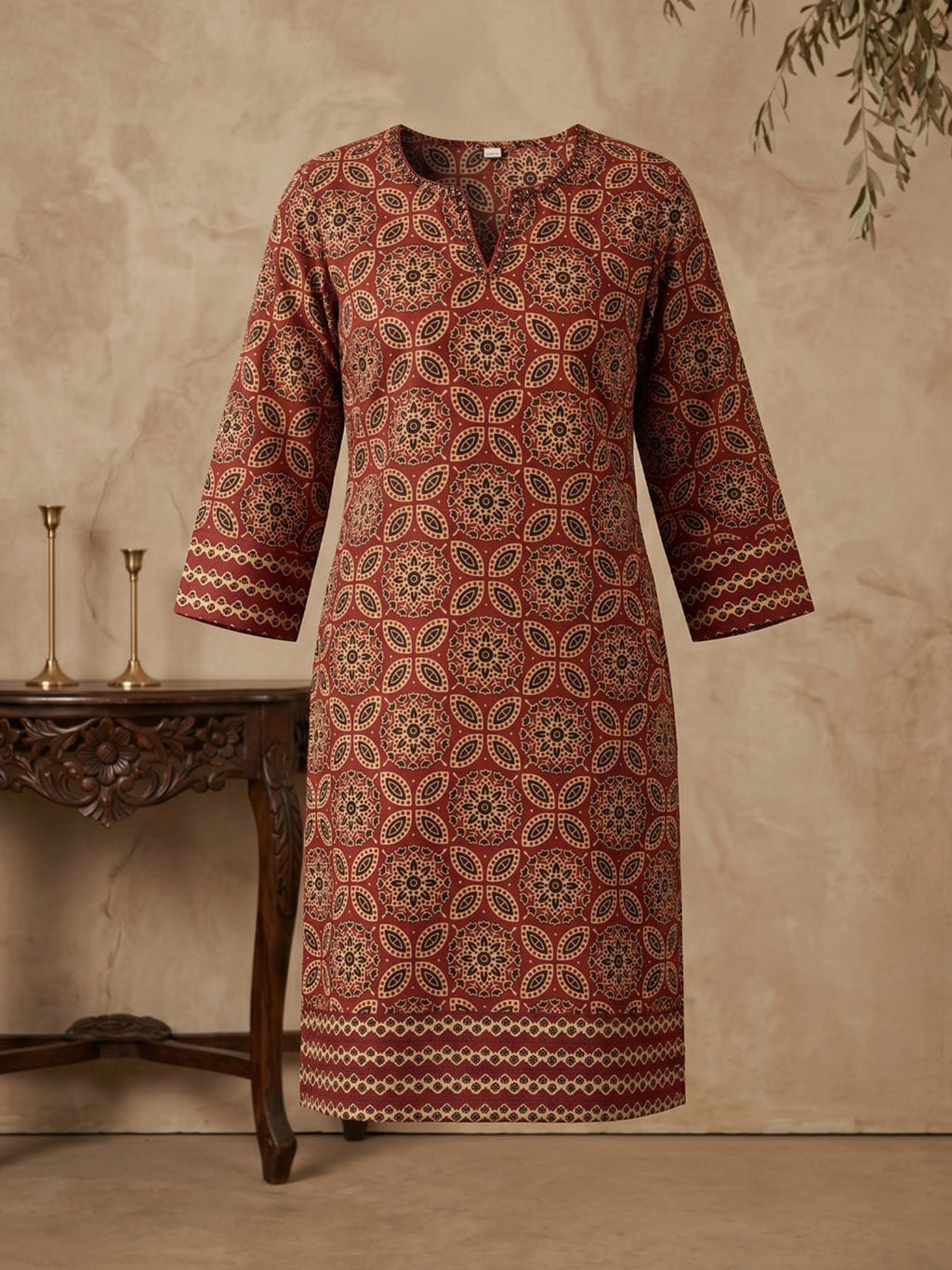 Red Cotton Blend Round Neck Embroidered Kurta