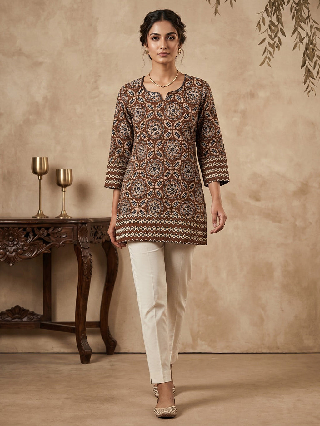 Rust Cotton Blend Round Neck Embroidered Kurta