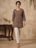 Rust Cotton Blend Round Neck Embroidered Kurta