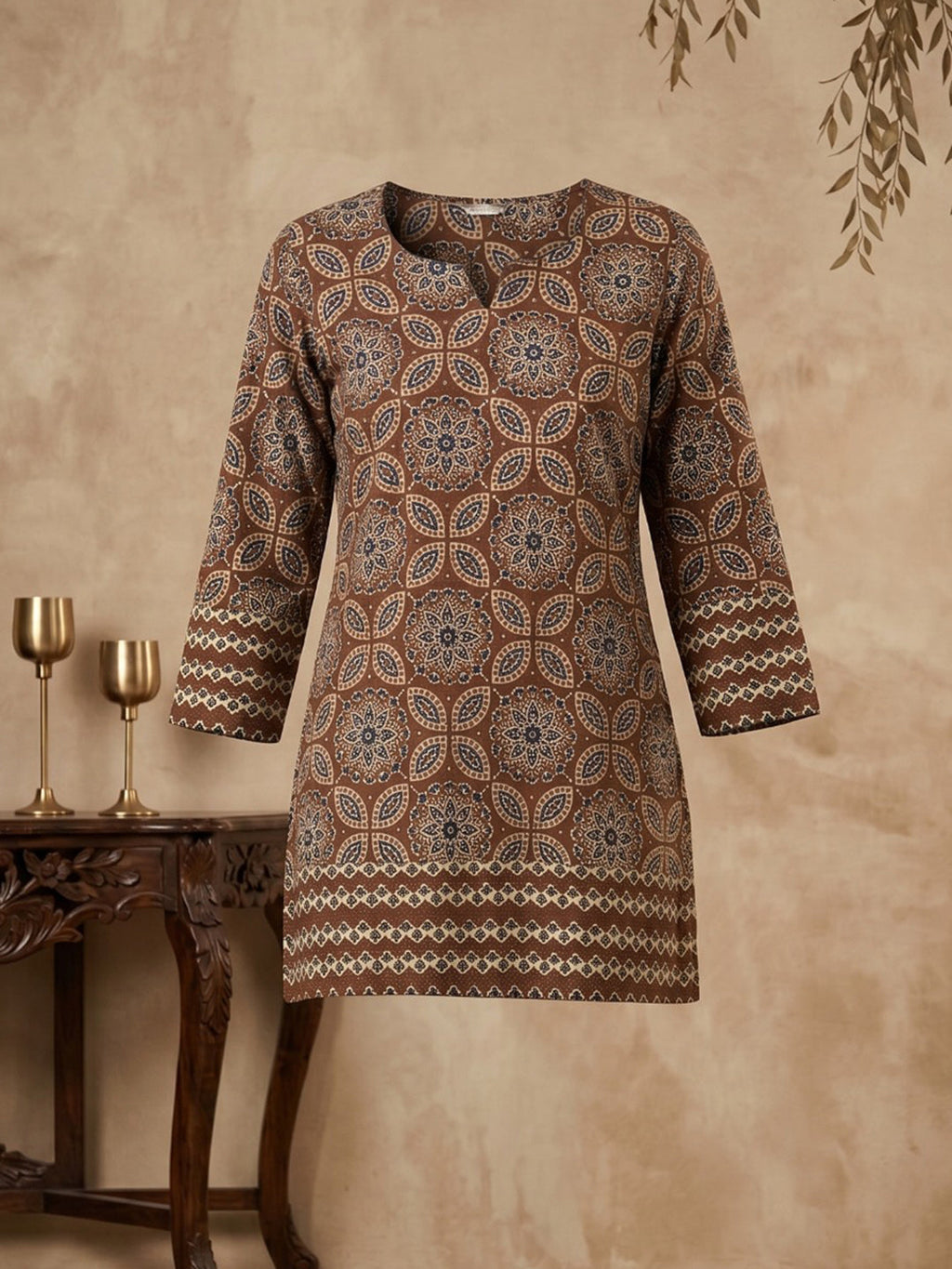Rust Cotton Blend Round Neck Embroidered Kurta
