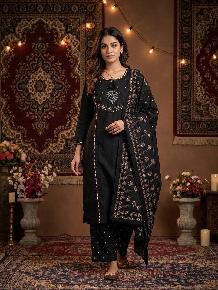 Black Embroidered Cotton Blend Round Neck Suit Set