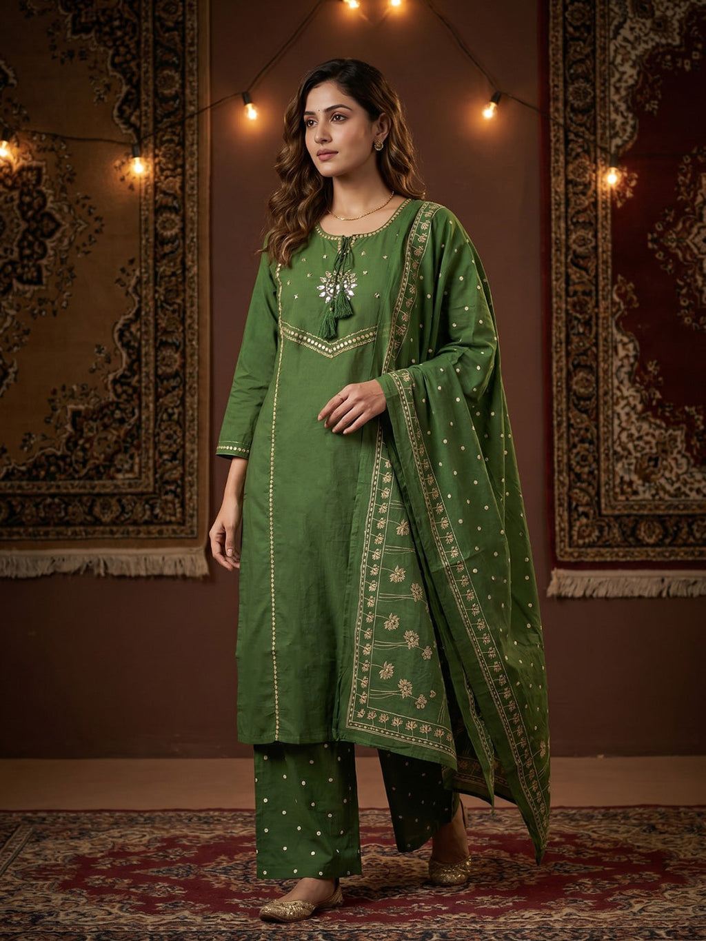 Green Embroidered Cotton Blend Round Neck Suit Set