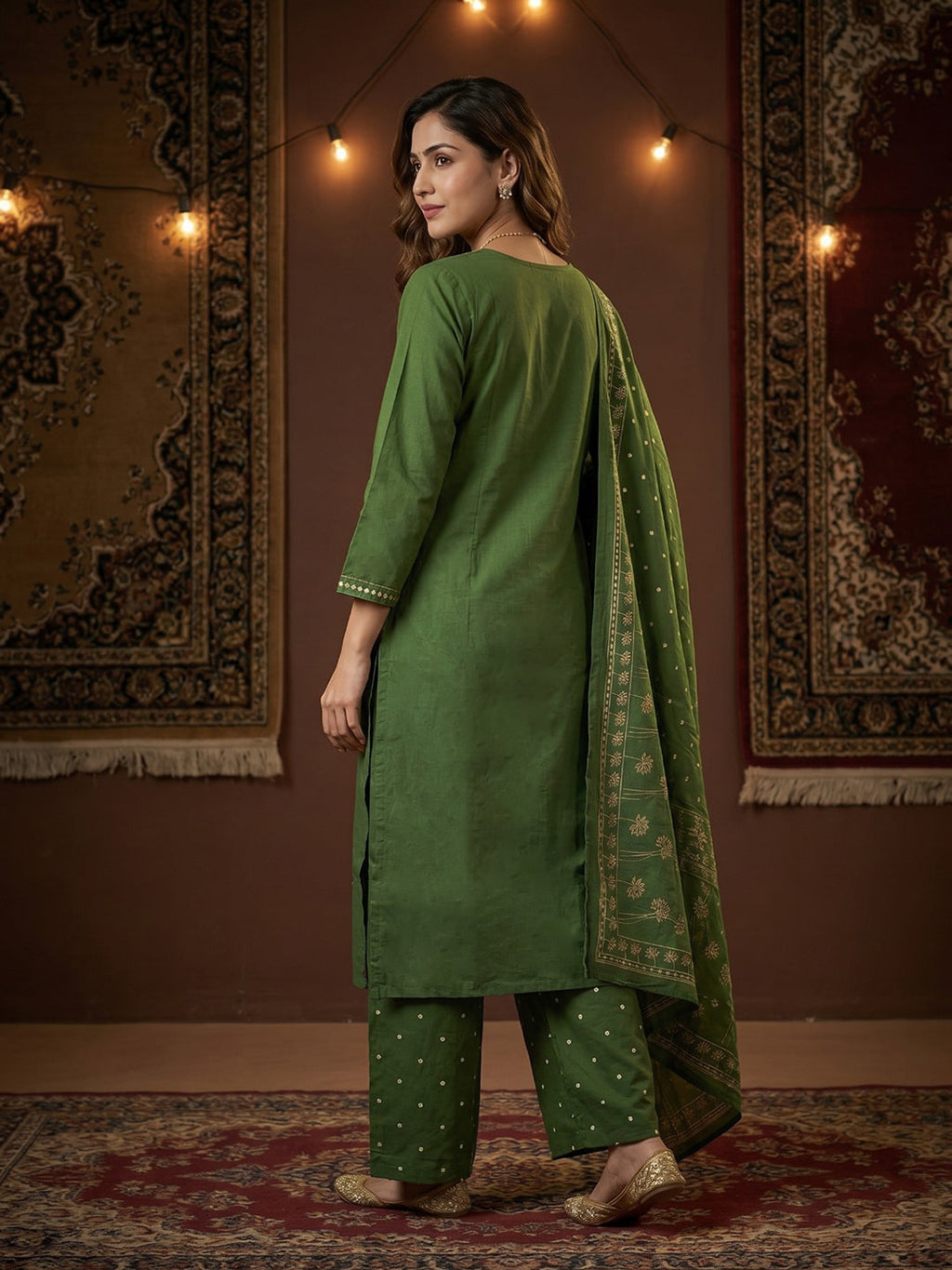 Green Embroidered Cotton Blend Round Neck Suit Set