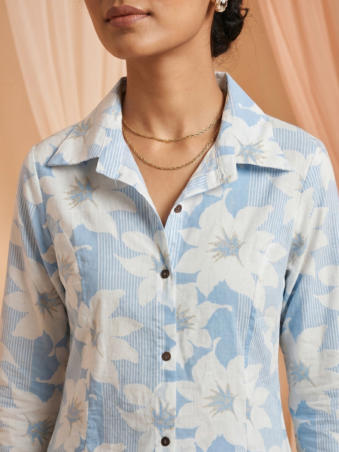 Blue Printed Cotton Blend Round Neck Straight Kurta With Pant