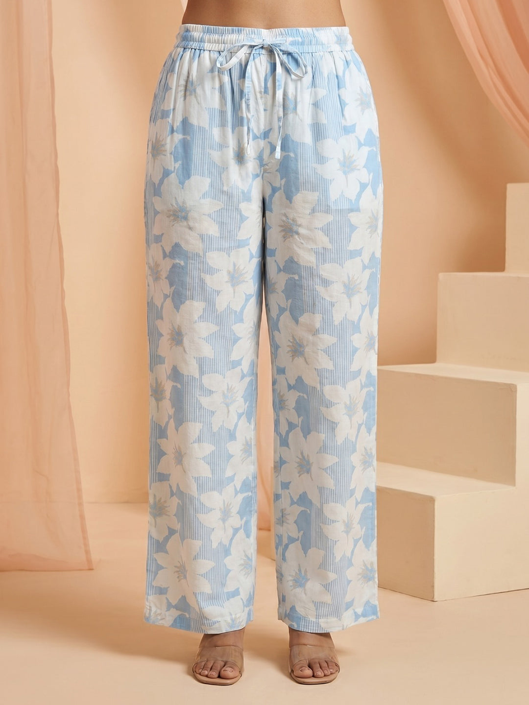 Blue Printed Cotton Blend Round Neck Straight Kurta With Pant