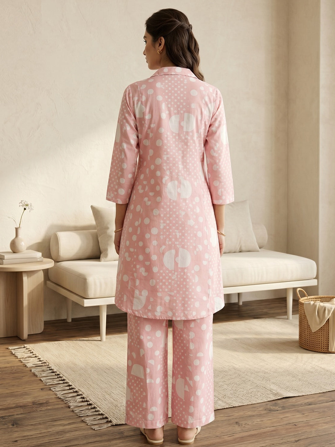 Peach Embroidered Cotton Blend Round Neck Straight Kurta With Pant