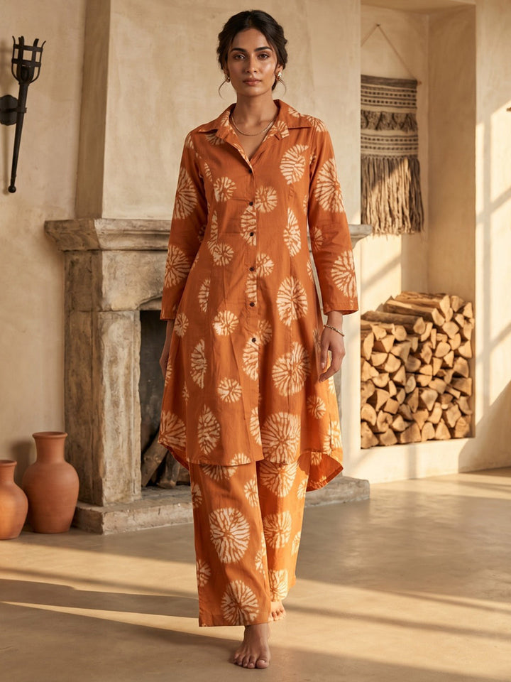 Orange Embroidered Cotton Blend Round Neck Straight Kurta With Pant